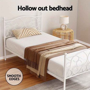 Artiss Single bed Size Metal Bed Frame - Contemporary White GROA Platform Foundation with Intricate Headboard Design